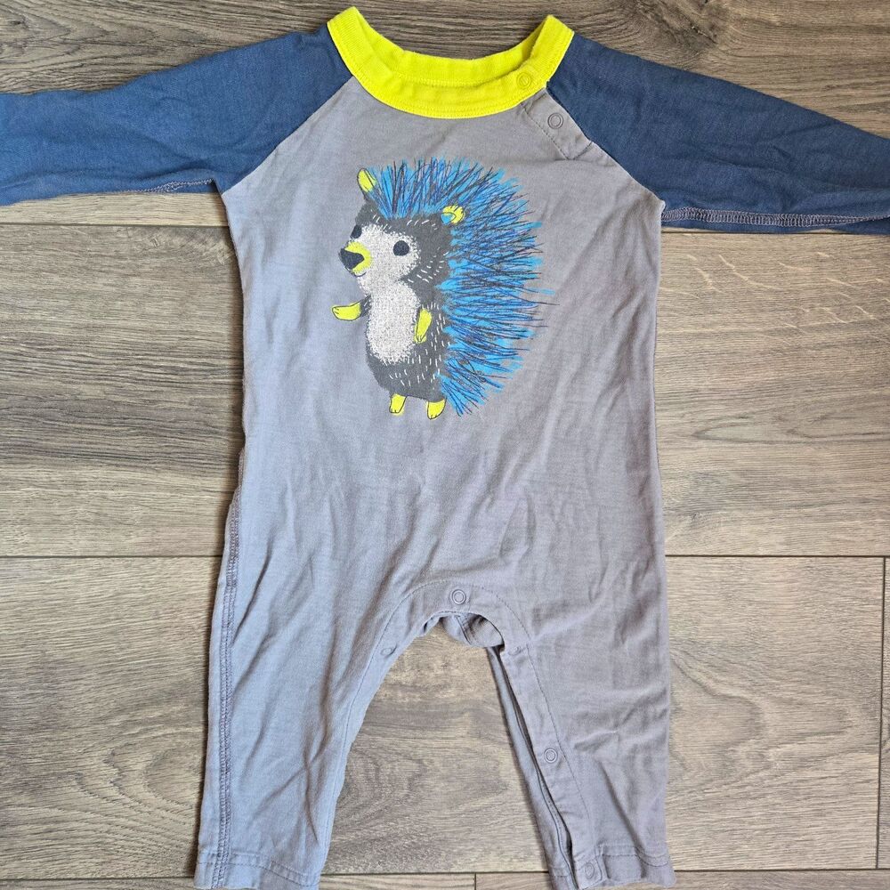 Tea Collection 3-6M Baby Romper One Piece Hedgehog Raglan Blue Grey Kidcore